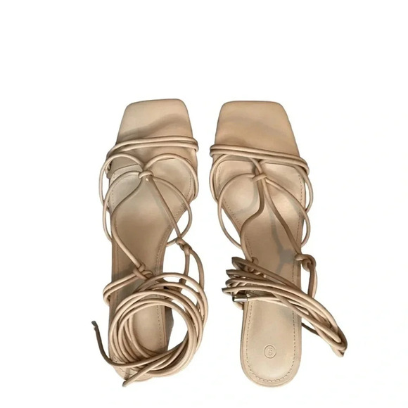 Women's Block Heel Sandals Lace Up Square Toe Strappy Size 9 Beige - Picture 3 of 5
